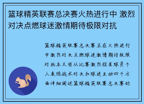 篮球精英联赛总决赛火热进行中 激烈对决点燃球迷激情期待极限对抗
