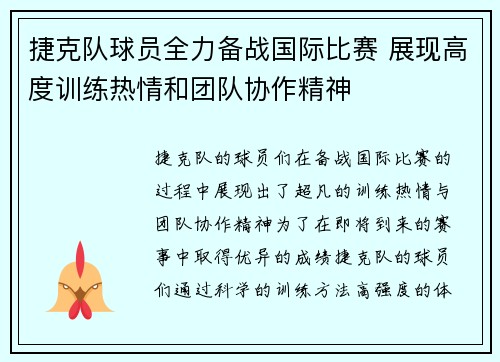 捷克队球员全力备战国际比赛 展现高度训练热情和团队协作精神