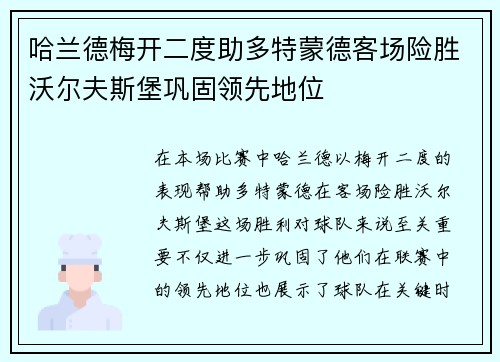 哈兰德梅开二度助多特蒙德客场险胜沃尔夫斯堡巩固领先地位